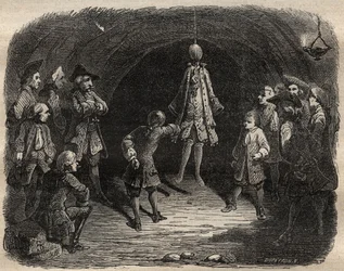 Escuela de ladrones creada por el bandido Louis Dominique Garthausen llamado Cartouche (1693-1721) en una cantera en París: un modelo colgado del techo cuyas bolsas deben vaciarse sin moverse bajo pena de recibir una lluvia de disparos - Escuela de ladrone
