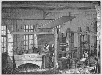 Ciencia. Fabricación de papel. Papel hecho a mano. Grabado en: Grandes hombres y grandes hechos de la industria, Francia, c.1880 (grabado)