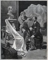 Escultura, taller de un escultor, enfoque y escultura de un busto. Grabado de 1880 en “Les arts et métiers illustrés” por Adolphe BITARD.