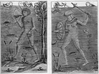 Soldado de mar: el buzo y el hombre de armas. Grabados de figuras de madera del siglo XVI. En 