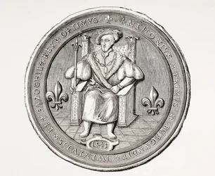 Sello del Rey de la Basoche, líder del gremio de escribanos legales del sistema judicial de París, de Les Arts au Moyen Age, publicado en 1873