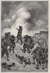Sebastián el Prestre señor de Vauban (1633-1717), mariscal de Francia defiende Brest contra un ataque de la flota inglesa en 1695 - grabado en “Les Hommes Celebres de la France” por Louis Dumas 1889