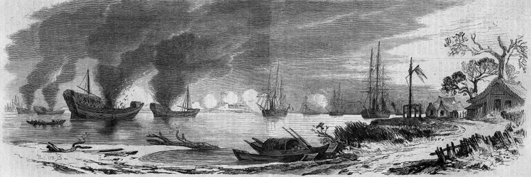 Segunda guerra del opio entre Francia, Inglaterra y China (1858-1860): juncos chinos cargados de materiales incendiarios lanzados contra las flotas inglesa y francesa. China.