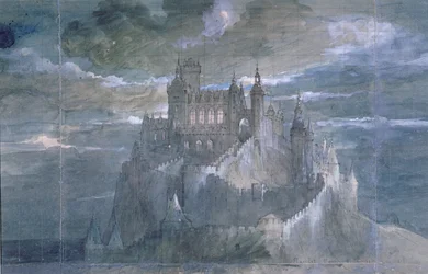 Diseño de escenario para una producción de Hamlet (Acto Uno) en la Comédie Française, 1884