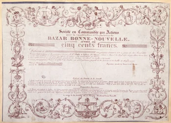 Certificado de Acción por 500 francos para el Bazar Bonne-Nouvelle, 1836