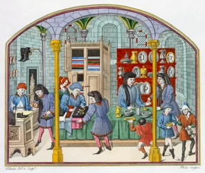 Tiendas bajo un mercado cubierto, después de una miniatura en una traducción del siglo XIV de Ética y Política de Aristóteles por Nicolas Oresme