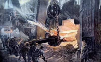 Siderurgia: "En Creusot la salida del horno de una placa de armadura". Grabados del siglo XIX París, artes decorativas