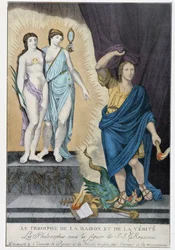 Siglo de las Luces: "El Triunfo de la Razón y la Verdad": bajo la figura de Jean Jacques Rousseau, la Filosofía descubre al universo la Razón y la Verdad, veladas por el error y la mentira representadas por un dragón y los atributos del papado