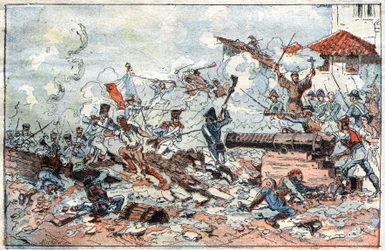 Sitio y captura de Zaragoza en España en febrero de 1809 por las tropas napoleónicas. Grabado del siglo XIX.