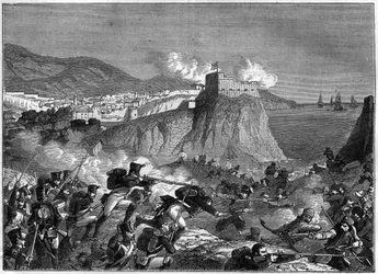 Sitio de Ragusa (República de Ragusa) (Ragusa en croata Dubrovnik) durante las Guerras Napoleónicas en mayo y junio de 1806 (campaña de Dalmacia por el General Molitor y Lauriston) - en “History of the empire following the history of the consulate” de Adol
