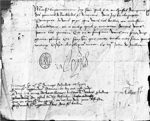 Firma de Luis XI en una carta al Gobernador de Anjou, fechada el 3 de julio de 1472 (tinta sobre papel)