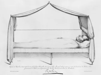 Boceto de Napoleón I (1769-1821) en su lecho de muerte dibujado en Santa Elena por el Capitán Marryal, grabado por Bordes, 5 de mayo de 1821