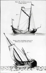 Boceto de barcos: un yate o yac y una hourque o hollock, que es un pequeño barco inventado por los holandeses para navegar por los canales - en "Enciclopedia de Diderot", vol 7 Marina, grabado, Bibl. Mazarine.