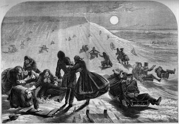Deslizándose en trineo en Montreal, Canadá, invierno de 1859. Grabado en 