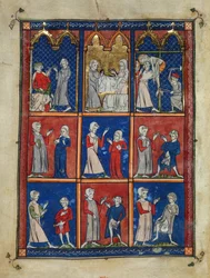 Sloane 1977,f.7v La Chirurgia: José de Arimea pidiendo el cuerpo de Cristo, José y una mujer con lienzos funerarios, y la Deposición, y abajo, dos mujeres presentando un pecho enfermo a un médico, y cuatro hombres con diversas enfermedades genitales.