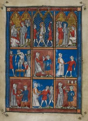 Sloane MS 1977 fol.6r Nueve miniaturas que muestran escenas bíblicas y médicas. Arriba, Cristo ante Caifás y Pilatos; la flagelación. Centro y abajo, médicos que tratan a pacientes con huesos rotos y otras dolencias