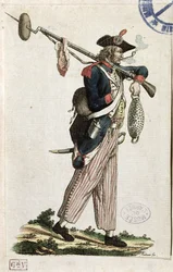 Soldado de la Revolución Francesa llevando una bayoneta a la que está atado un pan y un trozo de carne: L