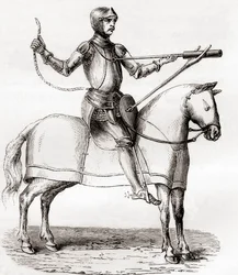 Soldado a caballo usando una bombardera de mano, finales del siglo XIV y principios del siglo XV, según un dibujo del manuscrito de Marianus Jacobus, de Les Merveilles de la Science, publicado c.1870 (grabado)