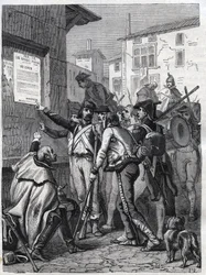 Soldados, vuestras necesidades son grandes: soldados franceses leyendo la proclamación del General Bonaparte en noviembre de 1799 - Grabado de 1865 en Histoire du Consulat et de l