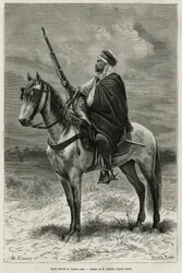Spahi, jinete eficiente y temido que contribuye a la conquista de Argelia, al servicio de Francia, destacado en la oficina árabe, grabado según un dibujo de H.Charles, para ilustrar la historia Tebessa y sus monumentos (Argelia), por A. Heron de Villefosse