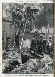 El almirante español Cervera y sus oficiales se rindieron a los estadounidenses. La guerra de independencia de Cuba, que estaba bajo dominio español, estalló en 1895, y los cubanos pidieron a los estadounidenses que intervinieran. Así comenzó y terminó la 