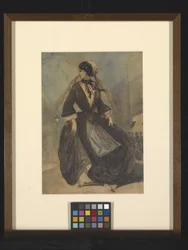 Dama española (pluma, tinta y acuarela sobre papel blanco hueso)