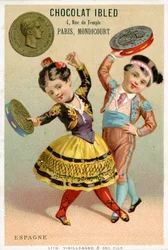 Niños españoles bailando con panderetas hechas de pesetas, de una serie de tarjetas promocionales sobre monedas en diferentes países, publicada en París por Vieillemard para uso de Chocolat Ibled, 1886-95