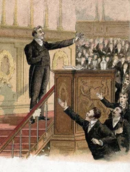 Discurso del ministro de Asuntos Exteriores François Guizot (1787-1874) ante la cámara de diputados frente a la oposición denunciando su política exterior "Podemos multiplicar los insultos y las calumnias podemos amontonarlos cuanto queramos, nunca los ele