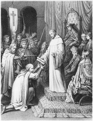 San Bernardo, abad de Clairvaux, entrega a los templarios sus reglas