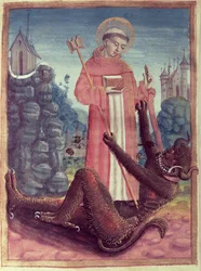 San Bernardo de Menthon (923-1008) venciendo a un demonio, de un Libro de Horas, 1490