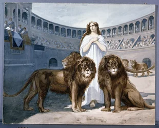 Santa Blandina en la arena con leones