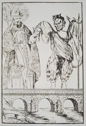 San Cado y el Diablo, copia de una impresión popular francesa, ilustrado en una historia de la magia publicado a finales del siglo XIX