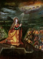 Santa Genoveva rezando para evitar la llegada de Atila y sus hunos