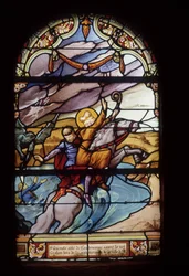 San Guénolé, Abad de Landévennec, salva al Rey Gralon durante la inundación de la ciudad de Ys - vitrales de la iglesia de San Germán en Kerlaz