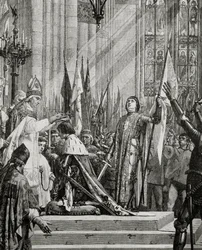 Santa Juana de Arco (1412-31) en la coronación de Carlos VII (reinó 1422-61) en 1429