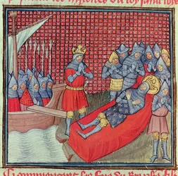 San Luis muere de peste el 25 de agosto de 1270 durante la Cruzada contra Túnez, del manuscrito "Grands Chroniques de France" (vitela)