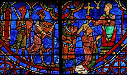 Santo Tomás Becket rezando antes de ser asesinado por 3 caballeros (w18)