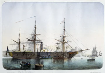 Fragata de vapor en el puerto de Toulon, circa 1850