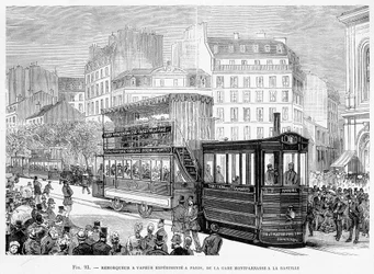 Remolcador de vapor para coches de tranvía experimentados en París, desde la estación de Montparnasse hasta la Bastilla - en "Las nuevas conquistas de la ciencia" de Louis Figuier