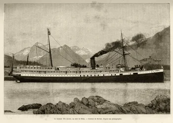 Vapor La Reina, en el puerto de Sitka (Alaska, EE.UU.). Grabado por Bocher, en 1890, en Le tour du monde, nouveau journal des voyages, editado por Edouard Charton (1807-1890), 2º semestre 1891, edición Hachette, París