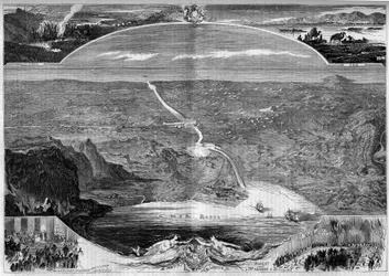 Canal de Suez: vista panorámica del agujero en el istmo de Suez (Egipto), cuya construcción comenzó en 1859. Grabado por Morin en “The Illustrous World” n°84 del 20 de noviembre