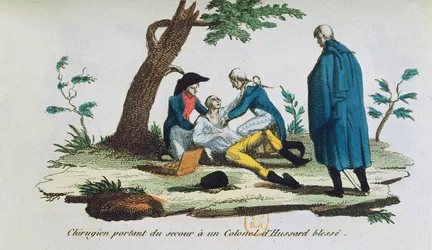 Cirujano operando a un coronel de los húsares en el campo de batalla