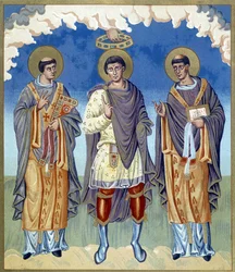 Coronación simbólica de un príncipe franco rodeado de religiosos. Ilustración tomada de «Francia en el siglo IX».