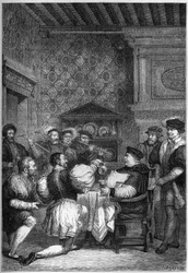 THOMAS CARDENAL WOLSEY (1475? -1530) ES SERVIDO EN LA MESA POR NOBLES Y CABALLEROS - THOMAS WOLSEY (1475? -1530) fue servido de rodillas por sus hombres de mayor rango - grabado en “La Historia de Inglaterra, desde los tiempos más remotos” por François Gui