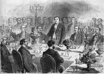 Mesa de honor en el banquete ofrecido a M. de Lesseps por los accionistas del canal de Suez, el 11 de febrero de 1864, en el Palacio de la Industria en París. Están presentes, de izquierda a derecha: el senador André Marie Jean Jacques (Jean-Jacques) Dupin
