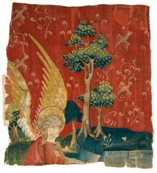 Fragmento de tapiz que representa un ángel en un paisaje, procedente del Apocalipsis de Angers, 3er cuarto del siglo XIV (lana)