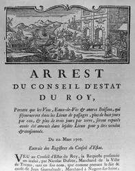 Oficina de Impuestos en la Entrada de una Ciudad para Vinos y Licores, decreto del Consejo de Estado 22 de marzo de 1707, de los Registros del Consejo de Estado de París, 1739