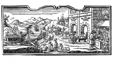 Oficina de Impuestos en la Entrada de una Ciudad para Vinos y Licores, decreto del Consejo de Estado 22 de marzo de 1707, de los Registros del Consejo de Estado de París, 1739 (detalle)