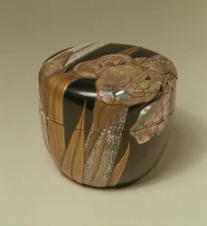 Tarro de té y tapa con diseño de planta floreciente en oro `Takamaki-e (incrustaciones de peltre y nácar sobre fondo de laca negra)