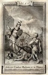 Telémaco supera a Hipias - grabado de 1798 por Monnet en “Las Aventuras de Telémaco, hijo de Ulises” por François de Salignac de La Mothe-Fénelon llamado Fénelon -
